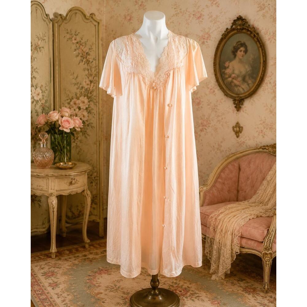 Vintage Val Mode Peach Peignoir Set Robe Nightgown Lace V-Yoke Nylon Sz L
